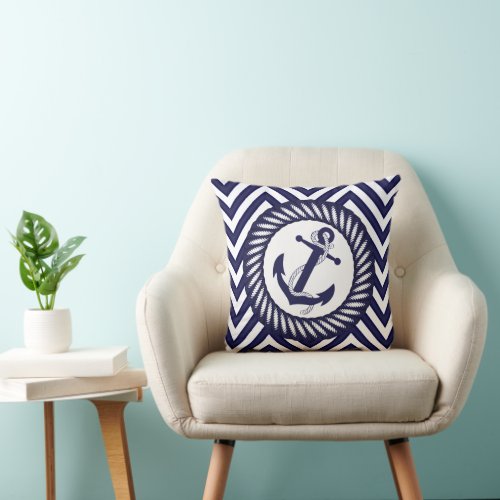 Retro Chic Blue Anchor Zigzag Chevron Pattern Throw Pillow