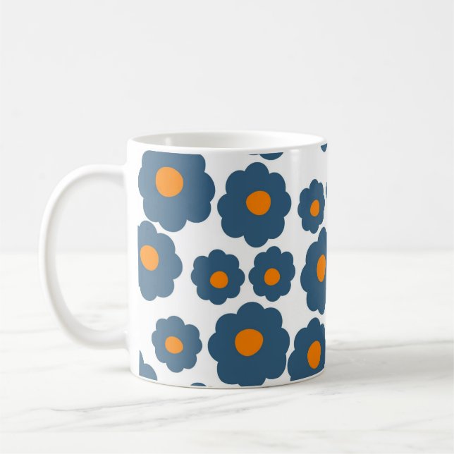 Retro Chic Blue Orange Floral Bold Y2K Coffee Mug (Left)