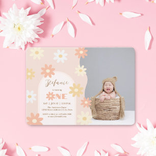Retro Chic Bohemian Daisy 1st Birthday Baby Photo Invitation
