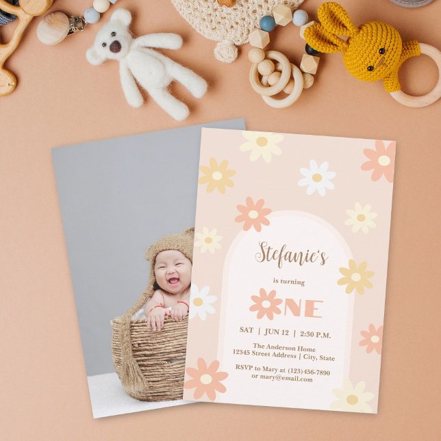 Retro Chic Bohemian Daisy 1st Birthday Baby Photo Invitation (Creator Uploaded)