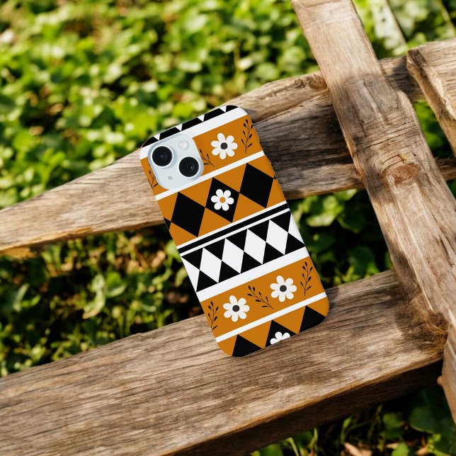 Retro Chic Brown & Black Floral Pattern Whimsical  iPhone 15 Case (Creator Uploaded)