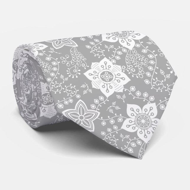 Retro Chic Classy White Flowers Art Pattern Neck Tie (Rolled)