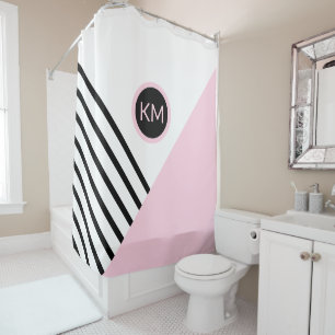 Retro Chic Color Block Stripes and Monogram Shower Curtain