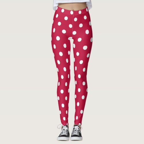 Retro Chic Crimson Red Polka Dots Pattern Fashion Leggings