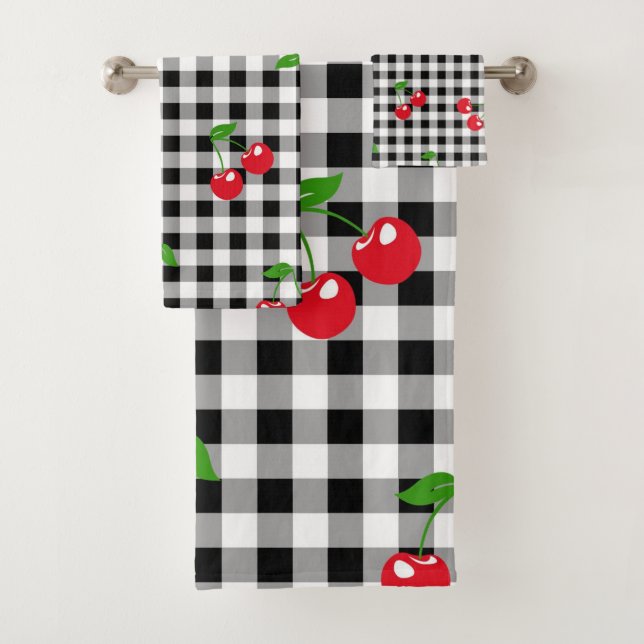 Retro Chic Cute Red Cherry Black & White Gingham Bath Towel Set (Insitu)
