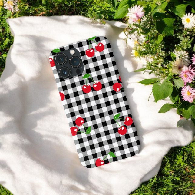 Retro Chic Cute Red Cherry Black & White Gingham  Case-Mate iPhone Case (Creator Uploaded)
