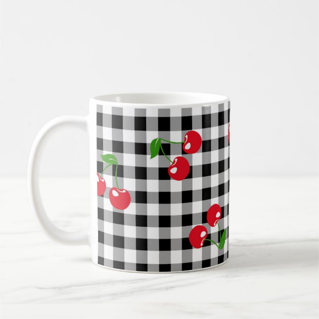 Retro Chic Cute Red Cherry Black White Gingham Coffee Mug (Left)