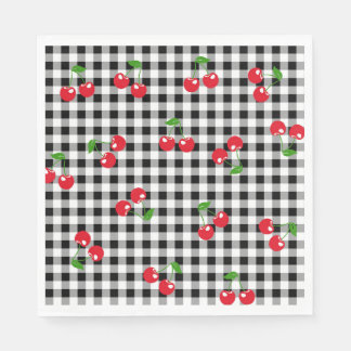 Retro Chic Cute Red Cherry Black & White Gingham Napkins