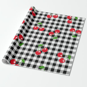 Retro Chic Cute Red Cherry Black & White Gingham Wrapping Paper