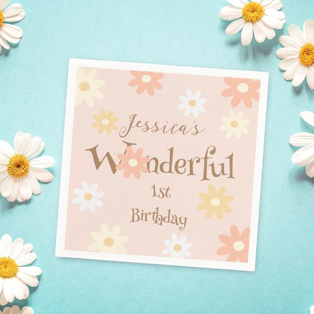 Retro Chic Daisy Flowers Cute Onederful Birthday Napkins (Creator Uploaded)