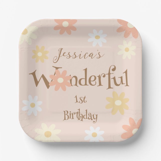 Retro Chic Daisy Flowers Cute Onederful Birthday Paper Plates (Front)