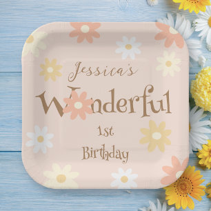 Retro Chic Daisy Flowers Cute Onederful Birthday Paper Plates