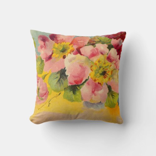 Retro Chic Elegant Pink Vintage Floral Primroses Throw Pillow