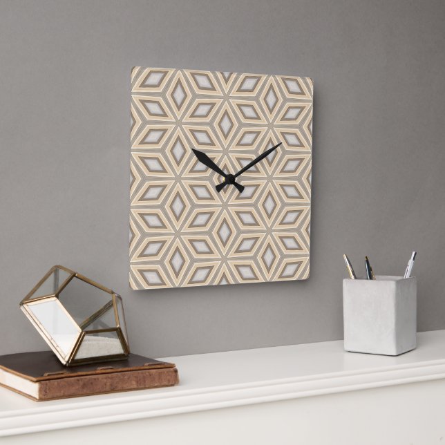Retro Chic Gray Beige Taupe Brown Mandala Pattern Square Wall Clock (Office)
