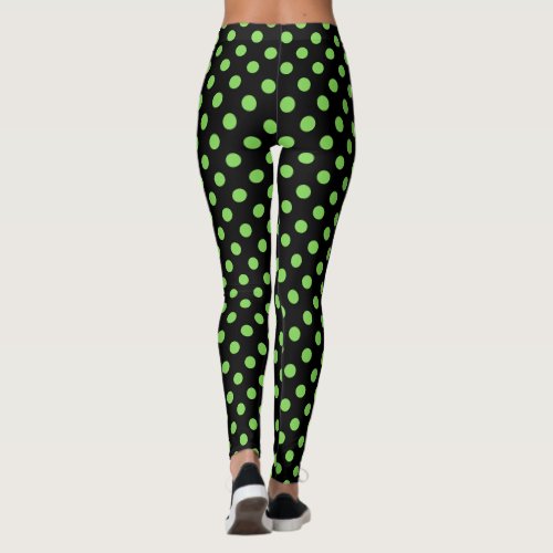 Retro Chic Green on Black Polka Dots Leggings