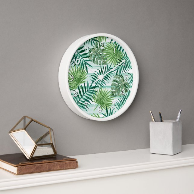 Retro Chic Green Palm Leaves Watercolor Art Clock (Office)