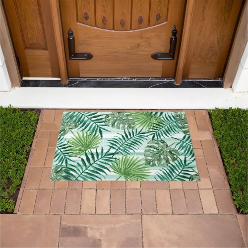 Retro Chic Green Palm Leaves Watercolor Art Doormat