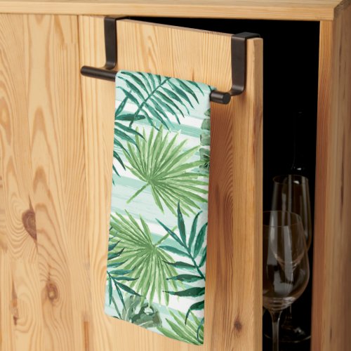 Retro Chic Green Palm Leaves Watercolor Art Kitchen Towel