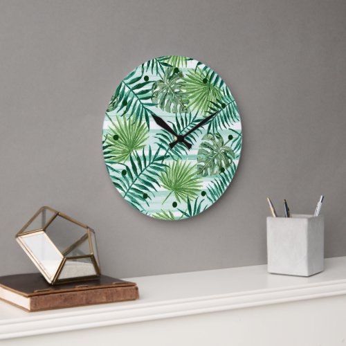 Retro Chic Green Palm Leaves Watercolor Art Large Clock