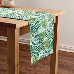 Retro Chic Green Palm Leaves Watercolor Art Long Table Runner