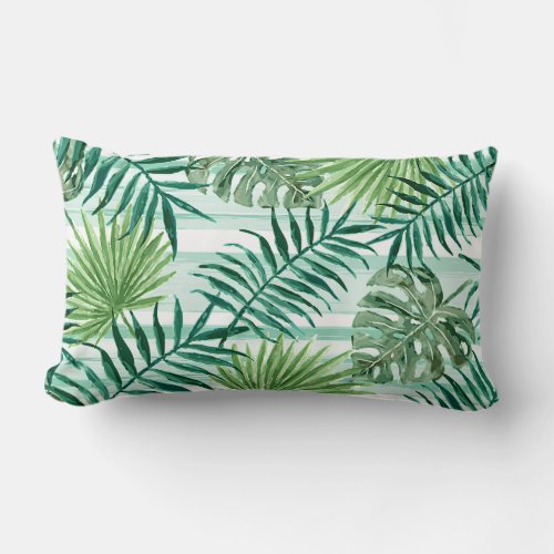 Retro Chic Green Palm Leaves Watercolor Art Lumbar Pillow