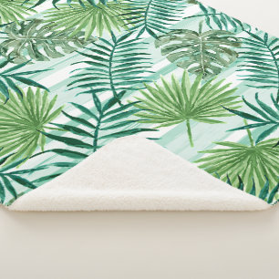 Retro Chic Green Palm Leaves Watercolor Art Sherpa Blanket