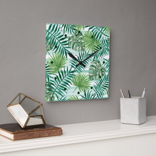 Retro Chic Green Palm Leaves Watercolor Art Square Wall Clock