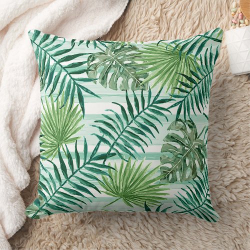 Retro Chic Green Palm Leaves Watercolor Art Throw Pillow