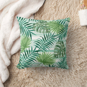 Retro Chic Green Palm Leaves Watercolor Art Throw Pillow