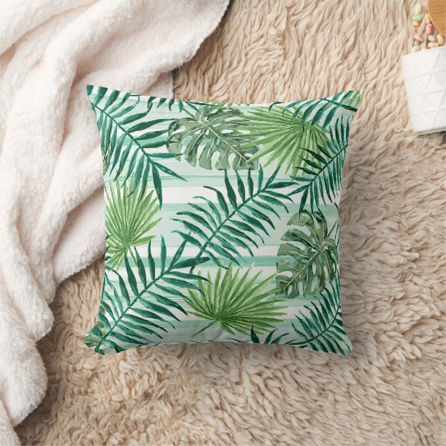 Retro Chic Green Palm Leaves Watercolor Art Throw Pillow (Blanket)