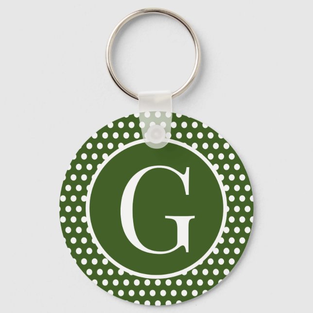 Retro Chic initial letter Dark Green Polka Dots Keychain (Front)