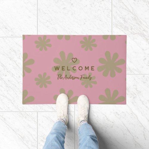 Retro Chic Pink and Gold Daisies Welcome Doormat