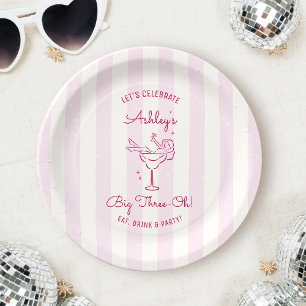 Retro Chic Pink Hand Drawn Cocktail 30th Birthday Paper Plates