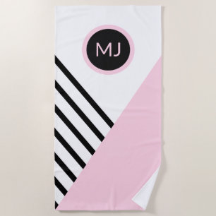 Retro Chic Pop Art Monogram Stripes Color Block Beach Towel