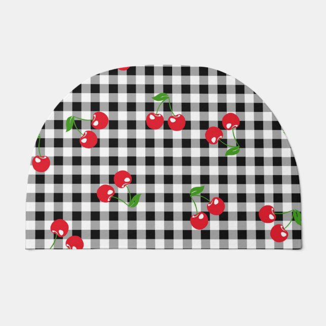 Retro Chic Red Cherry & Black White Gingham  Doormat (Front)