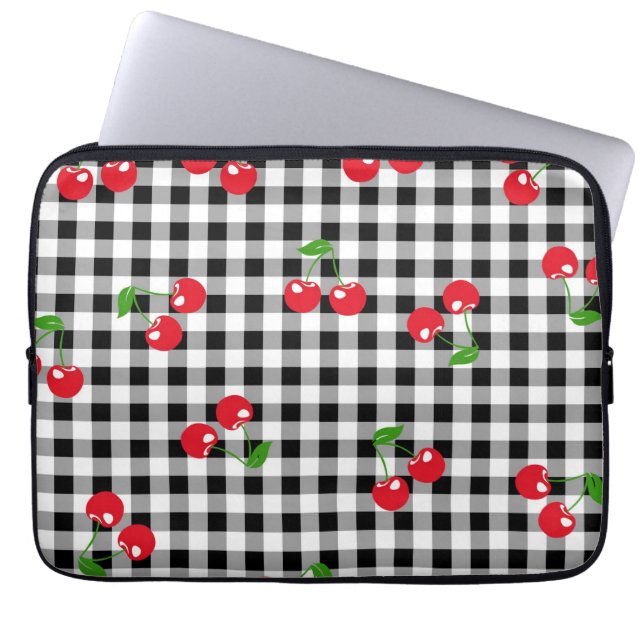 Retro Chic Red Cherry & Black White Gingham Trendy Laptop Sleeve (Front)