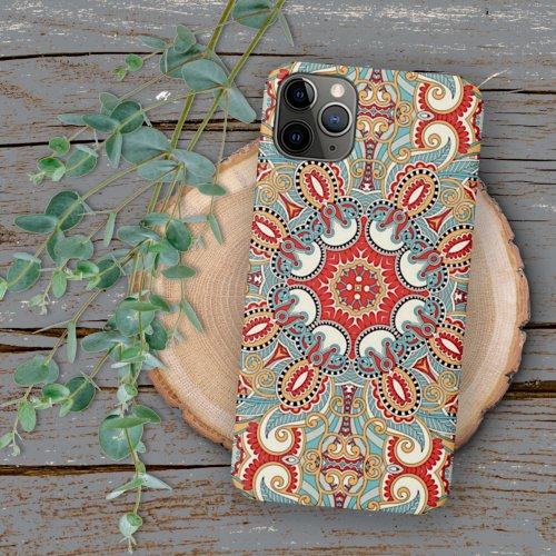 Retro Chic Red Teal Pretty Floral Mosaic Pattern iPhone 13 Pro Max Case