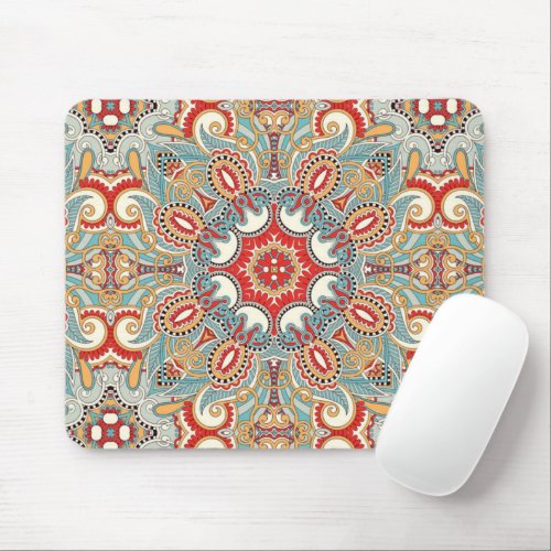 Retro Chic Red Teal Pretty Floral Mosaic Pattern Mouse Pad