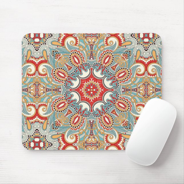 Retro Chic Red Teal Pretty Floral Mosaic Pattern Mouse Pad (With Mouse)