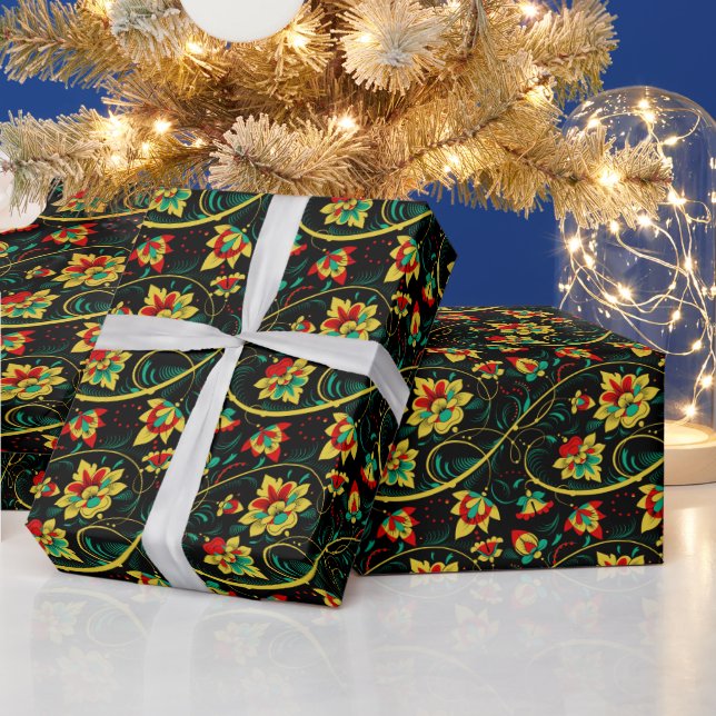 Retro Chic Russian Christmas Khokhloma Gift Wrapping Paper (Holidays)