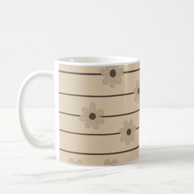 Retro Chic Stripe Khaki Flower Unique Y2K Coffee Mug (Left)
