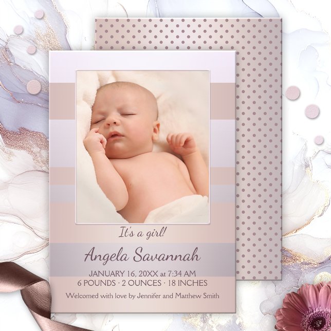 Retro Chic Striped Baby Girl Photo Announcement (Baby girl photo announcement featuring your own favorite photo, framed by soft pastel peach and pink)