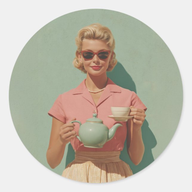 Retro Chic Tea Party Classic Round Sticker (Front)