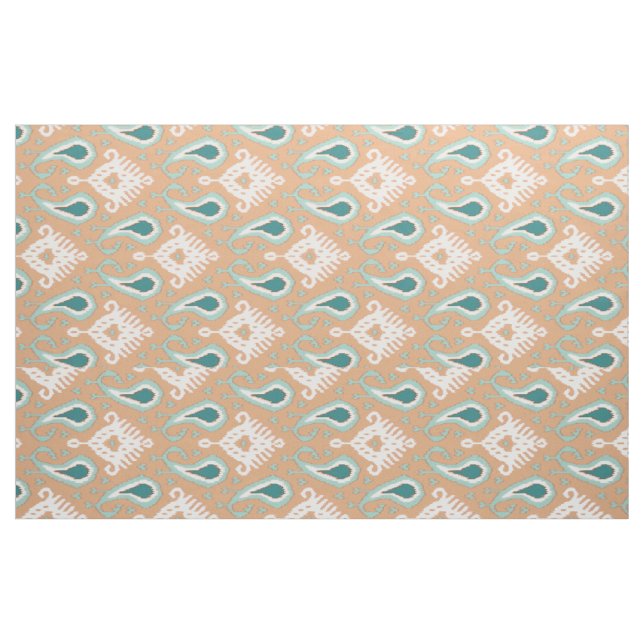 Retro Chic Teal Taupe Ethnic Ikat Tribal Pattern Fabric (Fat Quarter)