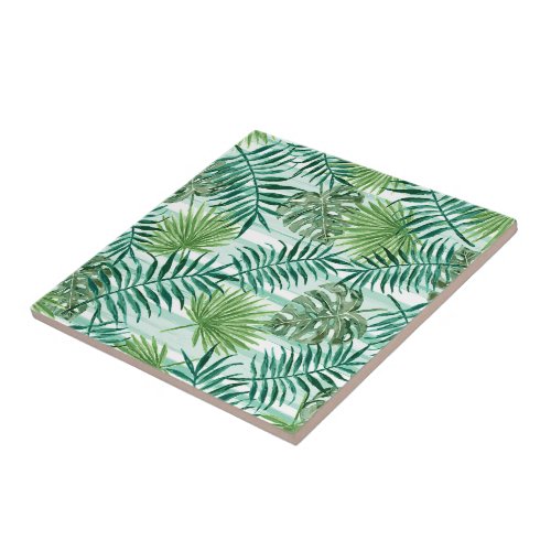 Retro Chic Tropical Green Palm Leaves Art Pattern Ceramic Tile