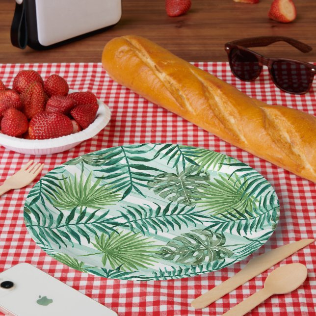 Retro Chic Tropical Green Palm Leaves Art Pattern Paper Plates (Picnic)