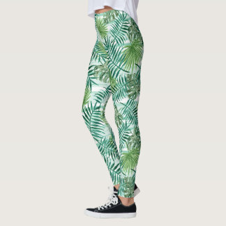 Retro Chic Tropical Green Palm Leaves Pattern Leggings