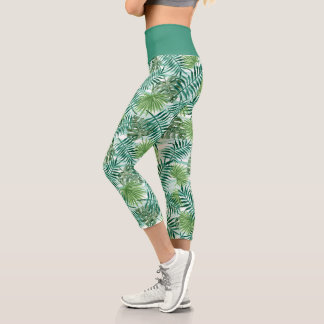 Retro Chic Tropical Green Palm Tree Leaves Pattern Capri Leggings
