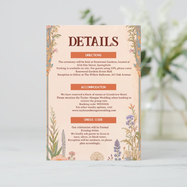 Retro Chic Wedding Details Card (Standing Front)