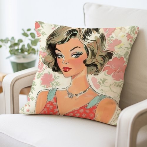 Retro Chic Woman Illustration Pillow Vintage  Throw Pillow